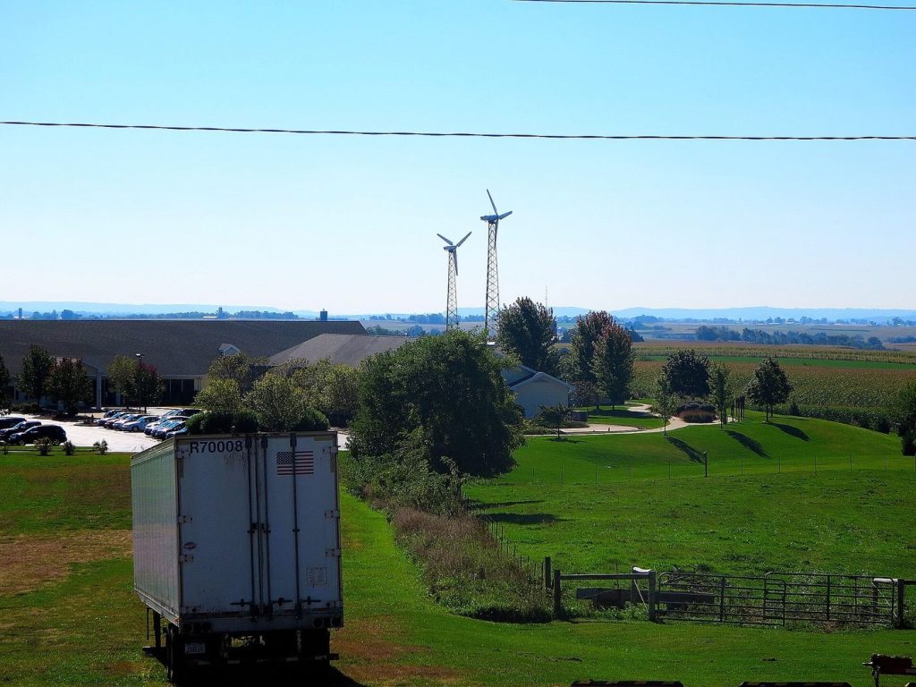Wind turbines in a green field